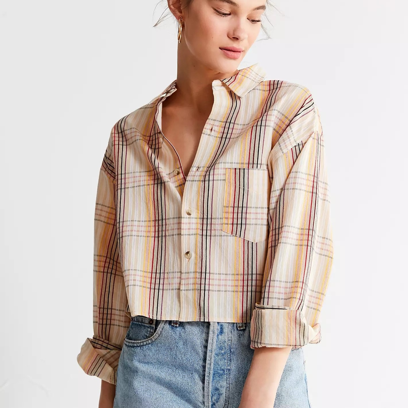 Urban Outfitters Cropped Plaid Button Down Cotton Shirt Sz Small